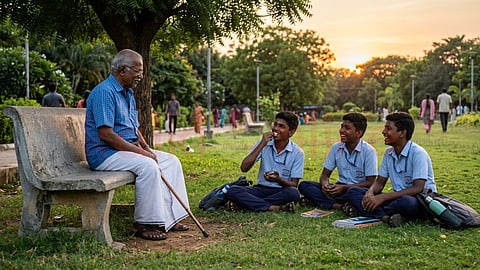 Grandpa and 3 boys sitting in the Park