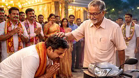 The MLA falls at the feet of retired teacher to receive his blessings.