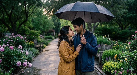 Couple in the rain season