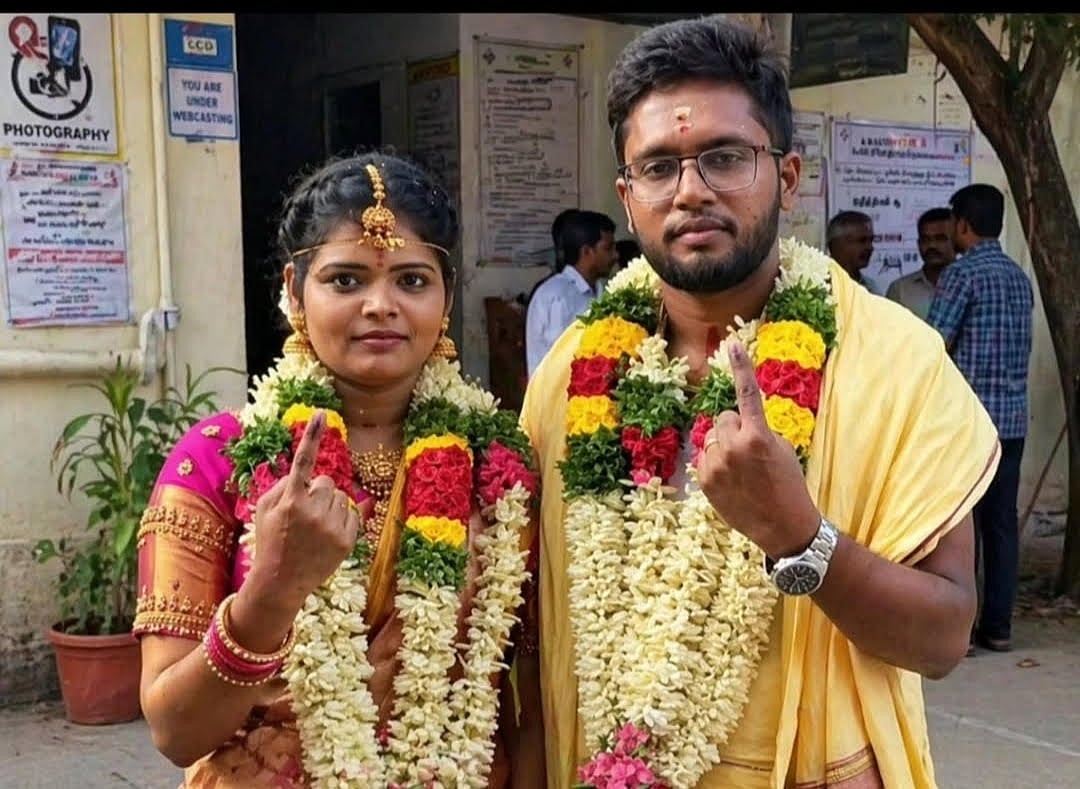 திருமணம் முடிந்த கையுடன் கணவரோடு வந்து ஜனநாயக கடமையாற்றிய திருமண பெண்..!