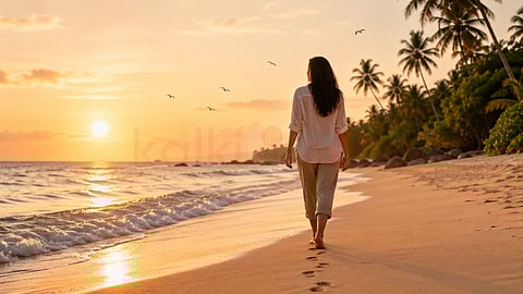 Sunset stroll on a tranquil beach