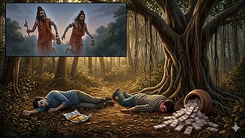 two men lying dead under a tree