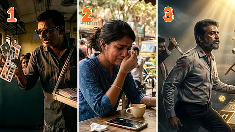 A blind person, a young woman, and a businessman