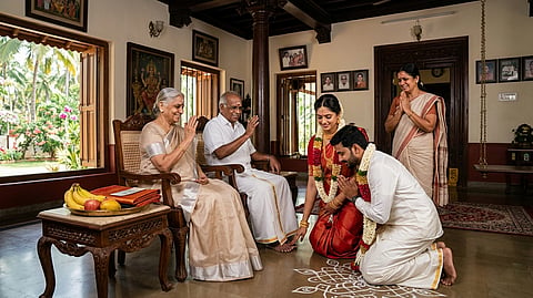 Bhuvana, with husband, seeks blessings from Soundarya Natarajan