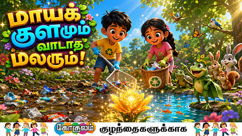 Two children clean the pond