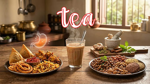 Tea with healthy and unhealthy snacks