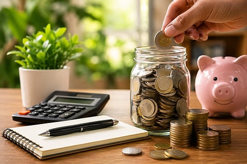 coins, piggy bank, and savings jar on a table - சேமிப்பு  