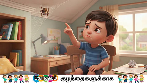 சிறுவர் கதை | A boy is looking at a spider web.
