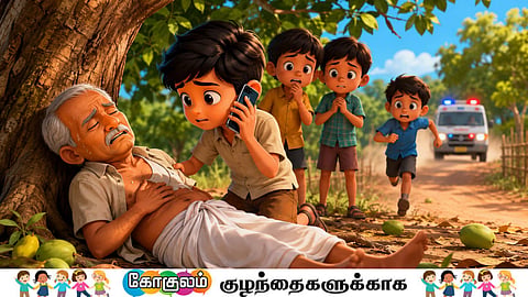 சிறுவர் கதை | A boy is administering first aid to grandfather