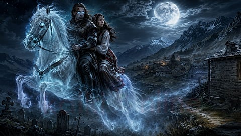 கதை | A warrior and a young woman are riding a horse.