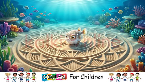 Pufferfish creates sand art