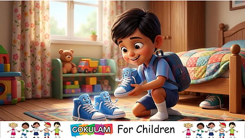 Boy holding talking shoe