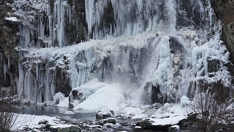 A view of frozen water falls in Kashmir during peak winter season locally known as 'Chillai Kalan' on Saturday, December 21, 2024 when Srinagar city recorded a minimum temperature of minus 8.5 degrees celsius, which is the lowest recorded in 133 years. Photo/Qazi Irshad