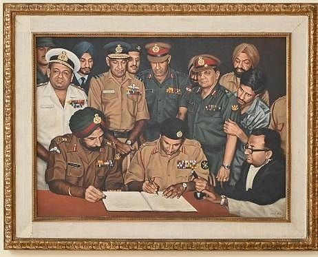 A file photo of the famous painting, depicting signing of documents following the surrender of the Pakistan Army at Dhaka, Bangladesh in 1971, was relocated to the Manekshaw Centre in Delhi Cantonment in 2024.