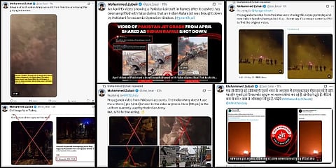 Screenshots of fact-checking by Alt News of fake news spread by Pakistan social media handles about achievements during India-Pakistan conflict.