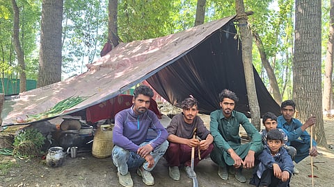 Farooq Ahmad and his family sit outside their makeshift camp waiting for permission to continue their journey to the alpine pastures in Kulgam district of Kashmir.