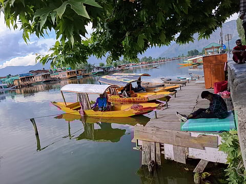 Ghat No. 4, Dalgate, Srinagar, May 25, 2025. With no tourists in sight, shikara operators pass time on their phones or go fishing, waiting for work that isn’t coming. 