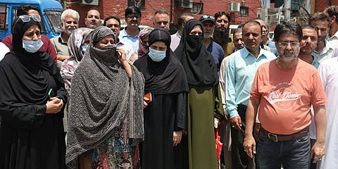 Families of Kasmiri students in Srinagar on June 15, 2025, demanding the immediate evacuation of their loved ones from Iran.