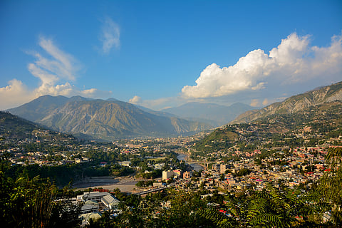 Aerial view of Muzaffarabad, which is situated in a valley formed by the confluence of the Neelam and Jhelum rivers.