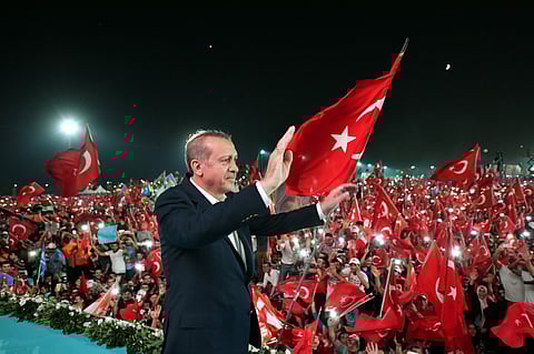 Turkiye President Recep Tayyip Erdogan greeting his party workers and supporters after attempted coup at Ankara in Turkiye in July 2016.
