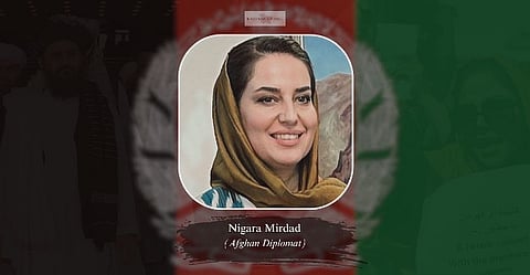 Nigara Mirdad, seen wearing a brown scarf, is an Afghan diplomat in exile in Poland.