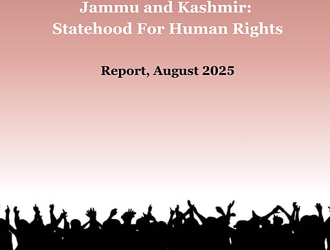 Front cover of the "Jammu and Kashmir Statehood For Human Rights, August 2025".