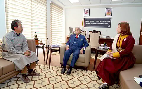 A file photo of Co-Founders of Himalayan Institute of Alternatives, Ladakh, Sonam Wangchuk and Gitanjali Angmo with L-G Brig (Dr) Mishra in Leh on March 28, 2023.
