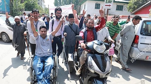 Children with special needs and PwD protesting in support of their demands for facilities in Kashmir.