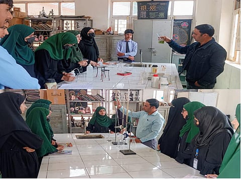 Dr Nisar Farhad conducting practical Chemistry sessions with students at BHSS Arihal, Pulwama, in Jammu and Kashmir.