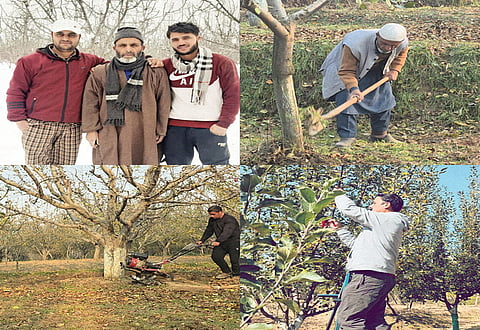 Dr Nisar Farhad with his father and younger brother representing a generational legacy of dedication to horticulture and farming in Kashmir, where tradition, resilience and affection for the land continue to shape identity and livelihoods.