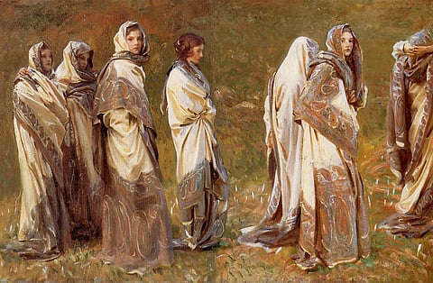 Painting (1908) by John Singer Sargent of women in Kashmir shawls. Image is representational.