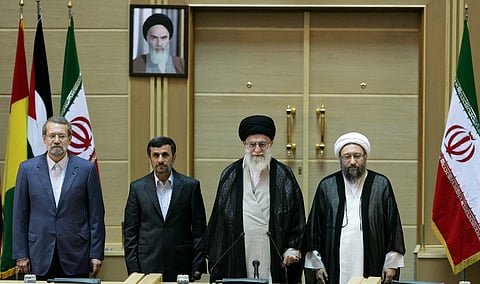 Ayatollah Ali Khamenei with Mahmoud Ahmadinejad, Ali Larijani, and Sadiq Larijani in 2011.