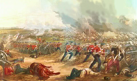Battle of Ferozeshah. Picture of the second day. The unit in the painting may be the 62nd Regiment based on their buff facings and the buff colour of the regimental flag. The British figures in the foreground appear to members of the light company. This picture from a sketch by Major G. F. White, 31st Regiment (31st Foot).