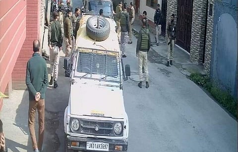 Police vehicles blocking the entrance of Mirwaiz Umar Farooq as he continues to be under house arrest for the third consecutive week in Srinagar on May 20, 2024. 
