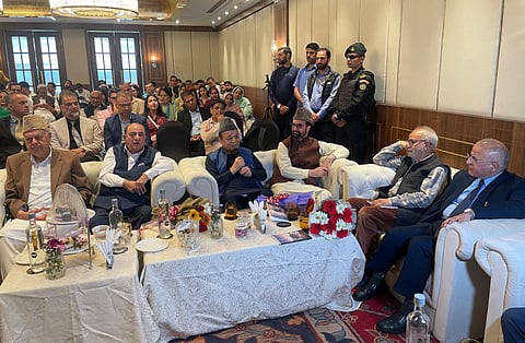 Book "Healer in Exile: The Untold Story of Dr Sushil Razdan" launch ceremony in Srinagar on May 2, 2026 in presence of Mirwaiz Umar Farooq, Abdul Rahim Rather, Speaker Jammu and Kashmir Legislative Assembly, Dr Farooq Abdullah, former chief minister, Mushtaq Chaya, leading businessman, Naeem Akhtar, former minister and PDP leader and Dr Sushil Razdan.