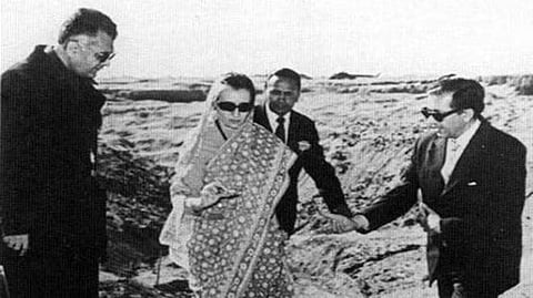 Indian Prime Minister Indira Gandhi inspecting the nuclear test site a day after the underground explosion at Pokhran in Rajasthan, on May 18, 1974.