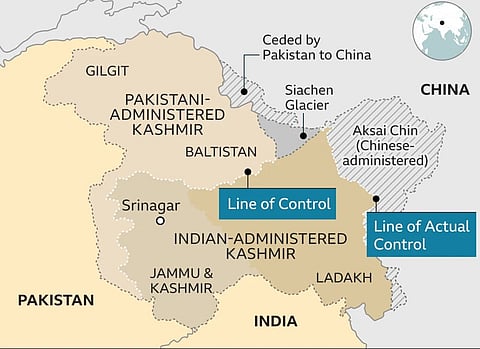 A map of Jammu and Kashmir with Line Of Control border Pakistan and China. The image is representational.