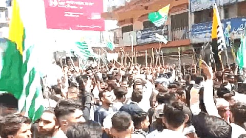 A file photo of Jammu Kashmir Awami Action Committee (JKAAC) leading the demonstrations as telecommunications across Pakistan-administered Jammu & Kashmir (PaJK) were completely shut down in September-October 2025.