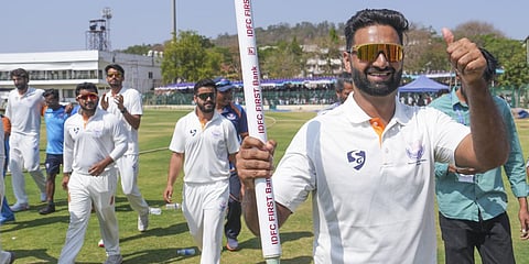 Jammu and Kashmir's Auqib Nabi celebrates the team's victory in the Ranji Trophy 2025-26 final cricket match against Karnataka, at KSCA Stadium, in Hubballi, Karnataka on February 28, 2026.