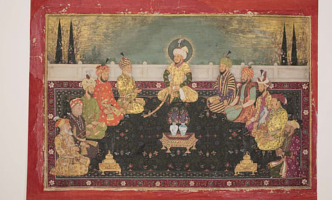 Group portrait of Mughal rulers, from Babur to Aurangzeb, with the Mughal ancestor Timur seated in the middle. On the left: Shah Jahan, Akbar and Babur, with Abu Sa'id of Samarkand and Timur's son, Miran Shah. On the right: Aurangzeb, Jahangir and Humayun, and two of Timur's other offspring Umar Shaykh and Muhammad Sultan. Created c. 1707–12. The image is representational.