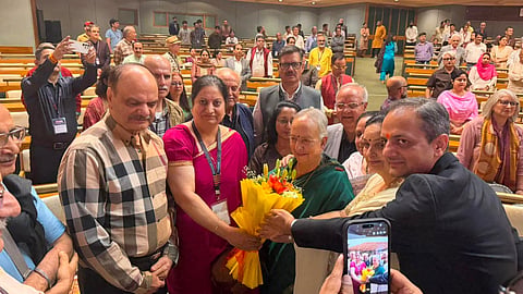 A view of Global Kashmir Diaspora members felicitating Prof Neerja Mattoo on the sidelines of a conclave in Srinagar, Kashmir, in June 2026.