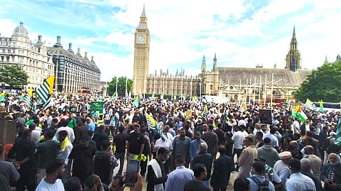 Kashmir diaspora members holding a rally in London on Sunday 5 July 2026 to protest against violence in Pakistan administered Jammu and Kashmir and support demands of the Joint Awami Action Committee.