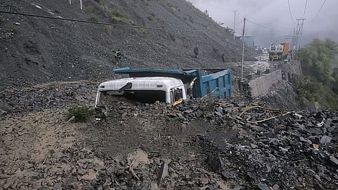 A truck buried under debris in Ramban flash floods in April 2026, a town located on the Jammu-Srinagar National Highway in Jammu and Kashmir.