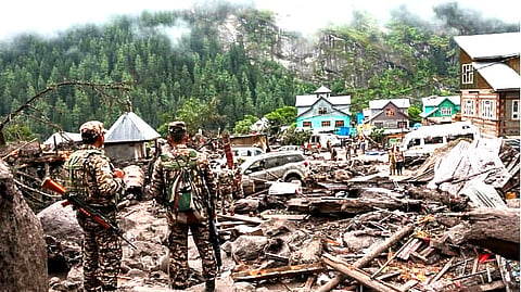 Rescue workers from Army, NDRF and SDRF looking for survivors after cloudburst at village Chashoti of Kishtwar district in Jammu and Kashmir on August 16, 2025.