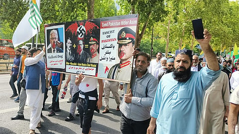Kashmiri diaspora holding demonstration in London on Thursday, 30 July 2026, protesting against killings and violence in Pakistan administered Jammu and Kashmir.