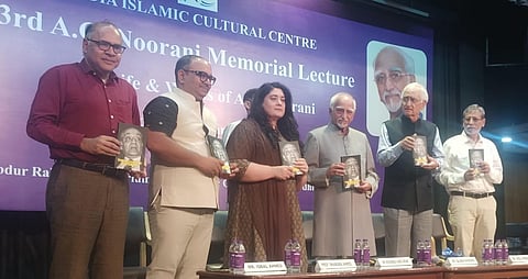 Former vice-president of India Mohammad Hamid Ansari relaunching the book, "The Noorani Records", a collection of articles written by A G Noorani for The Frontline at India Islamic Cultural Centre, New Delhi on September 18, 2026.