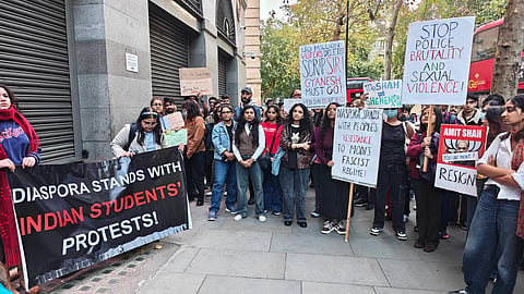 Members of the Indian diaspora as part of the South Asia Solidarity holding a protest demonstration outside India House, Indian High Commission, London, on Tuesday, October 13, 2026, in solidarity with Indian students seeking resignation of Chief Election Commissioner, Gyanesh Kumar.