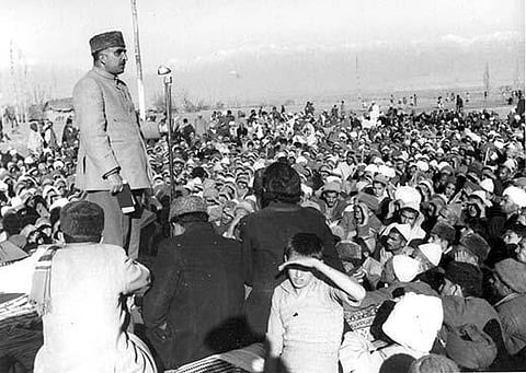 Bakshi Ghulam Mohammad Addressing a rally in Kulgam, South Kashmir, in 1954. The image is representational.