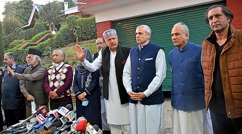 PAGD leaders at a press conference in Srinagar, Jammu and Kashmir.