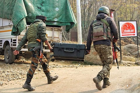 Security forces transport more ammunition towards the encounter site in Harwan Zabarwan in Srinagar on Sunday, November 10, 2024.